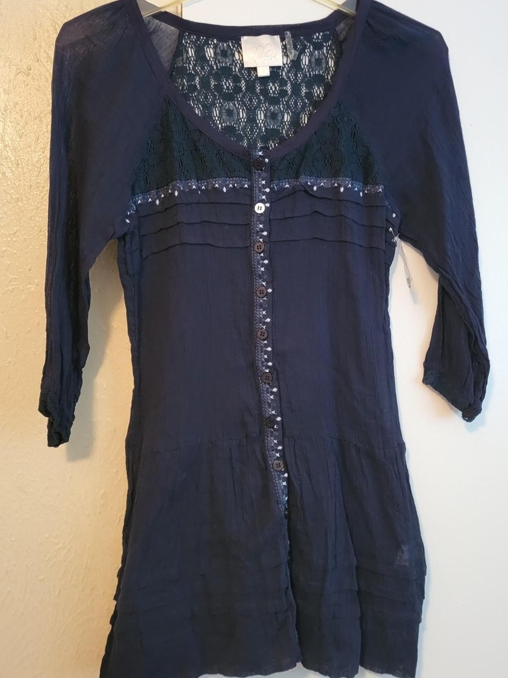 Women's Navy Lace-Detail Button Front Tunic
